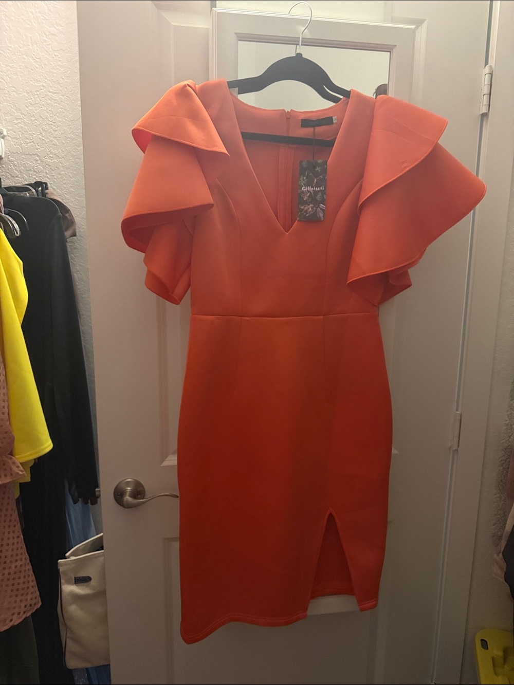 Ruffled Sleeve Orange Midi Dress with V-Neck